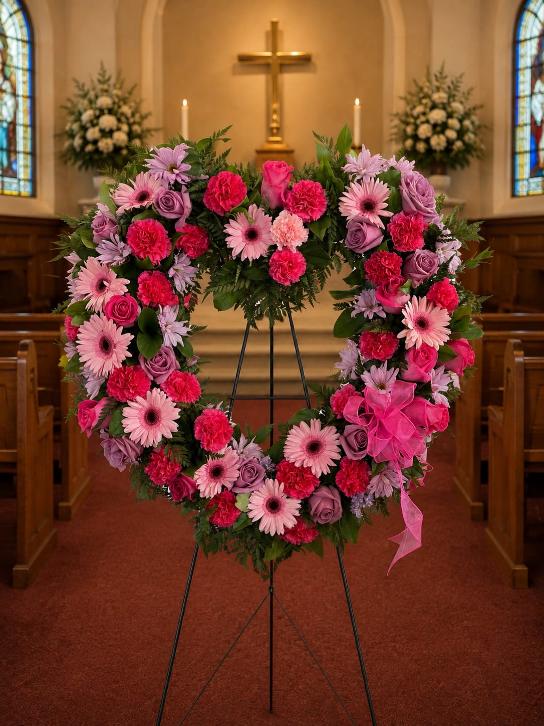 Heart-shaped floral wreath with pink and purple flowers on a stand