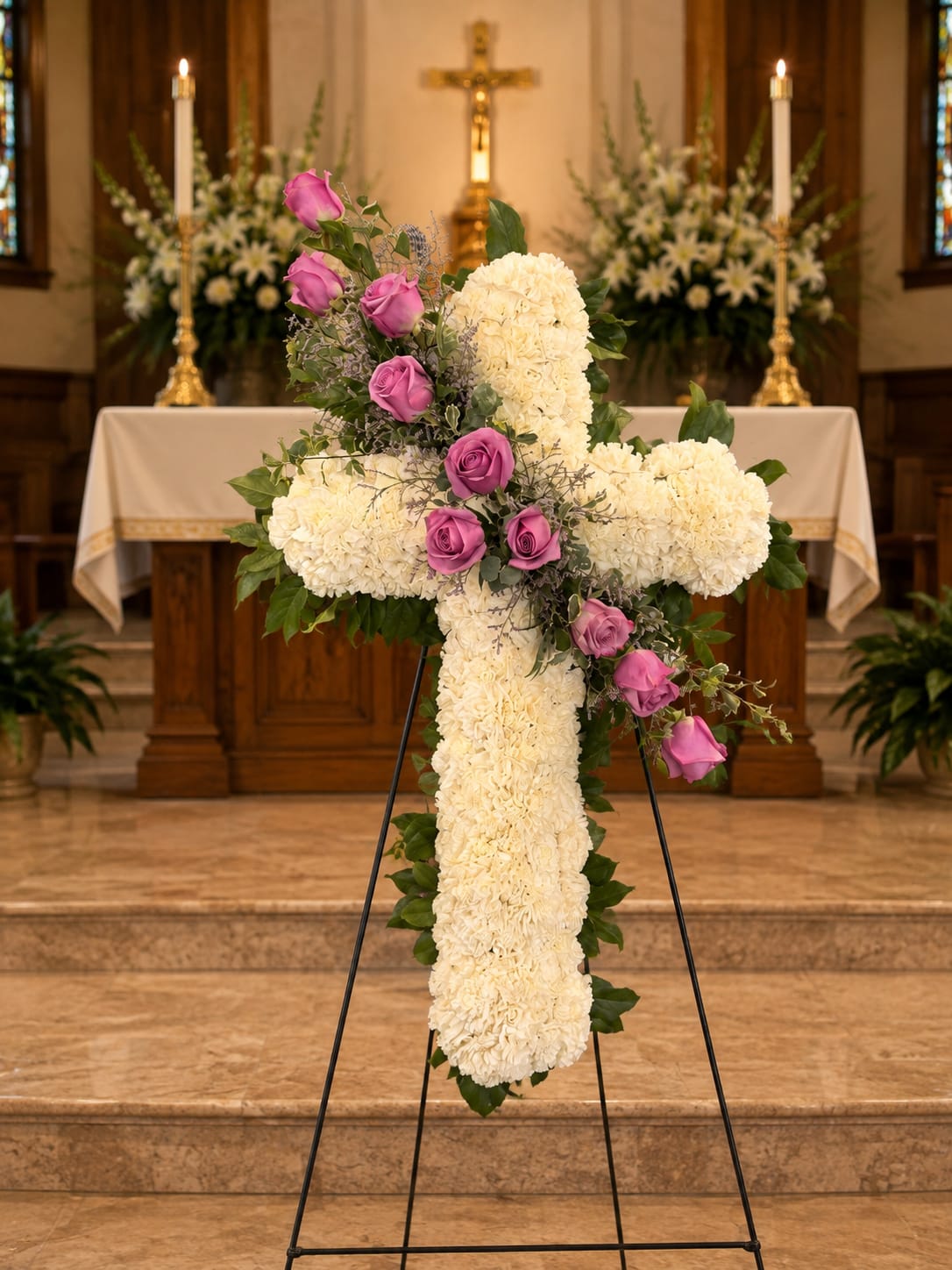 White floral cross with pink roses on an easel in a church