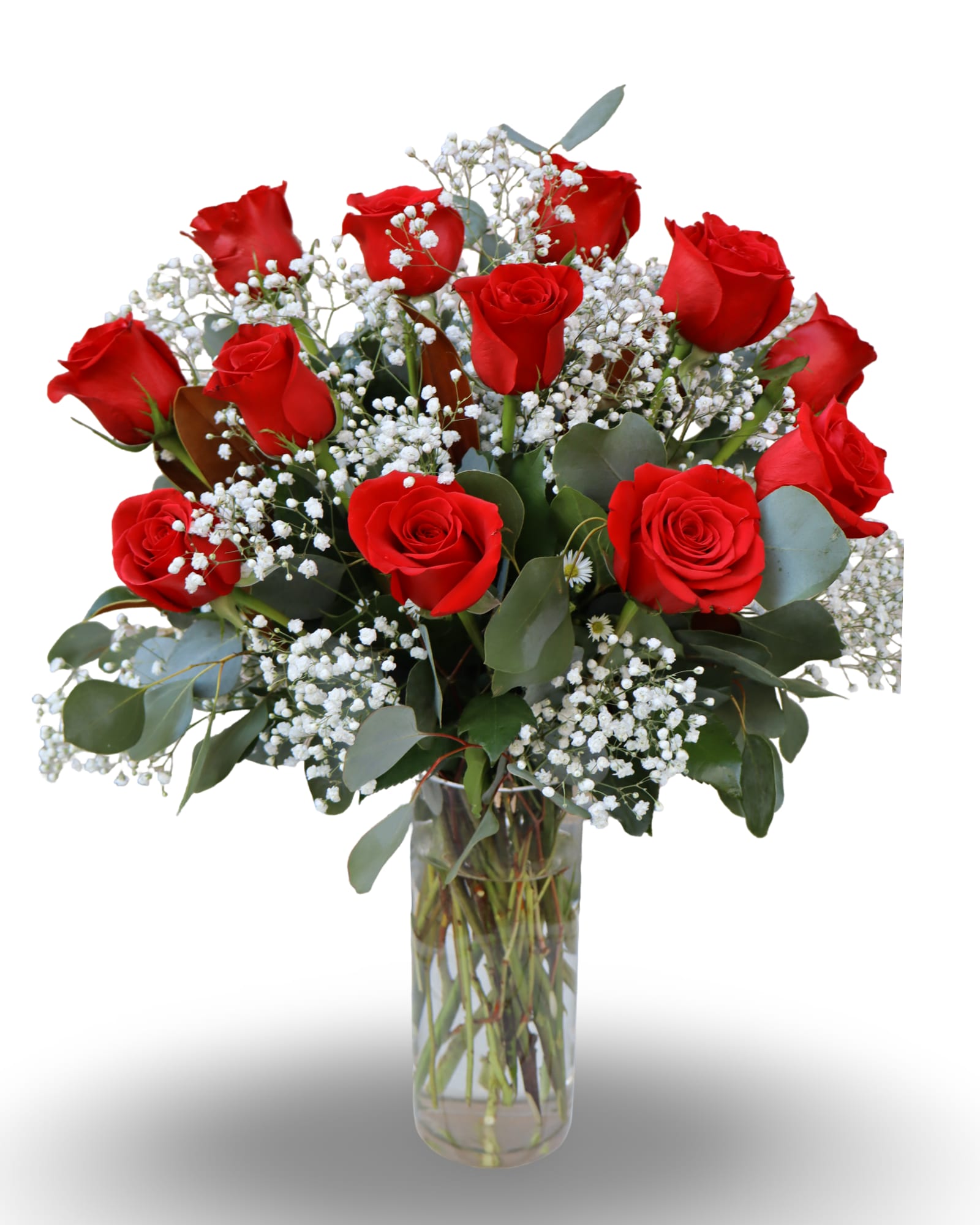Red roses arranged in a clear glass vase with white baby's breath