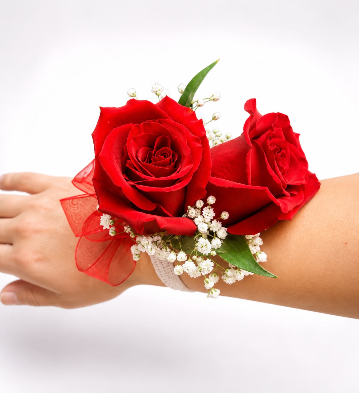 Nova Rose Corsage -   A timeless corsage featuring two premium red roses accented with fresh greenery and elegant ribbon. Handcrafted by our florists, this classic design adds a touch of romance and sophistication to proms, graduations, dances, and special celebrations. Ribbon color can be customized upon request to match your event.