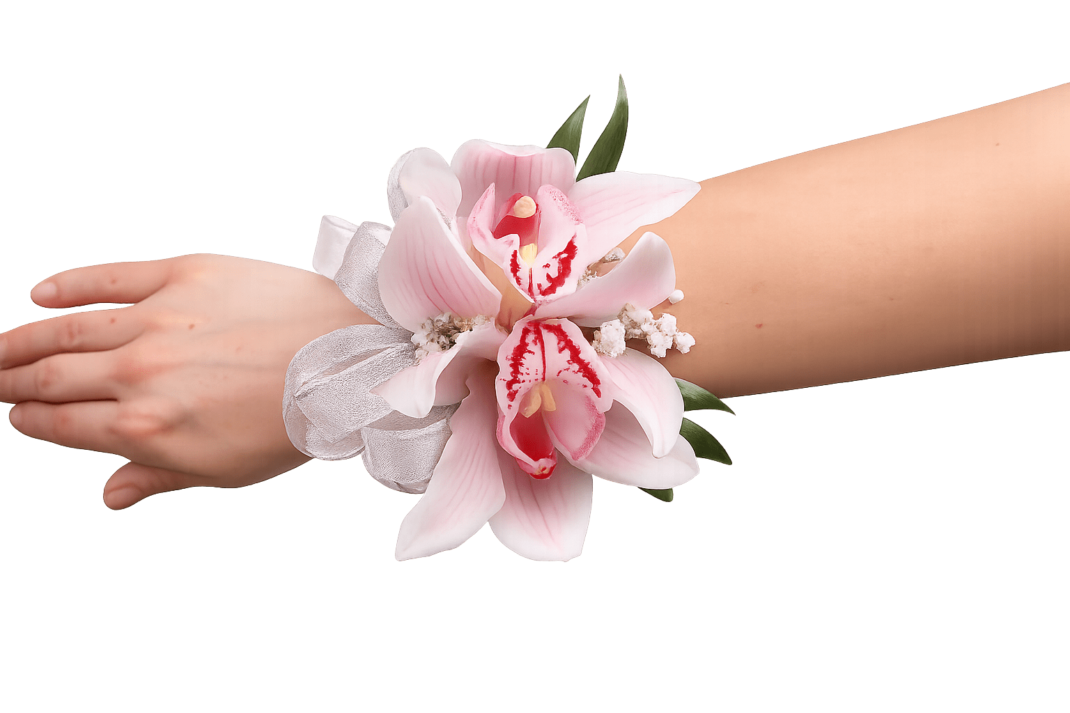 Pink Pearl Corsage - Pale pink orchids with deeper pink-red markings create a quietly striking wrist corsage designed for prom nights, weddings, or any formal event where the person you're celebrating should feel elegantly noticed. As a pink corsage for special occasions, it reads romantic and refined-the orchids' velvety petals catch the light while the compact shape keeps the look polished and wearable throughout the evening.  This wrist corsage pairs the orchid focal blooms with soft white ribbon and tiny white filler accents against fresh green foliage, producing a light, romantic palette of pink, white, and green. Constructed on a comfortable wrist band, its compact scale sits neatly at the wrist without overwhelming a dress or suit. The combination of delicate orchids and clean ribbon gives the piece a timeless, photographed-ready finish.  Perfect for the prom date, bridesmaid, or mother of the bride who should feel genuinely seen, this corsage sends a message of thoughtful elegance. To keep it looking its best before the event, store it chilled and handle gently; its secure band and ribbon make it easy to slip on just before stepping out.