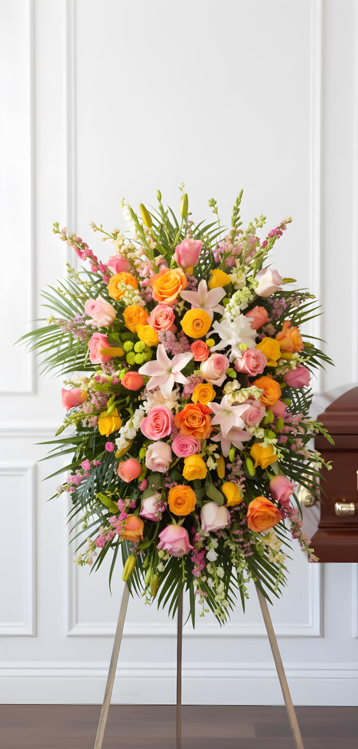 Springtime Spray - A unique spray with various pastels bringing a smile to anyones face in times of sorrow. Plenty of blooms and blossoms fill this spray with love. 
