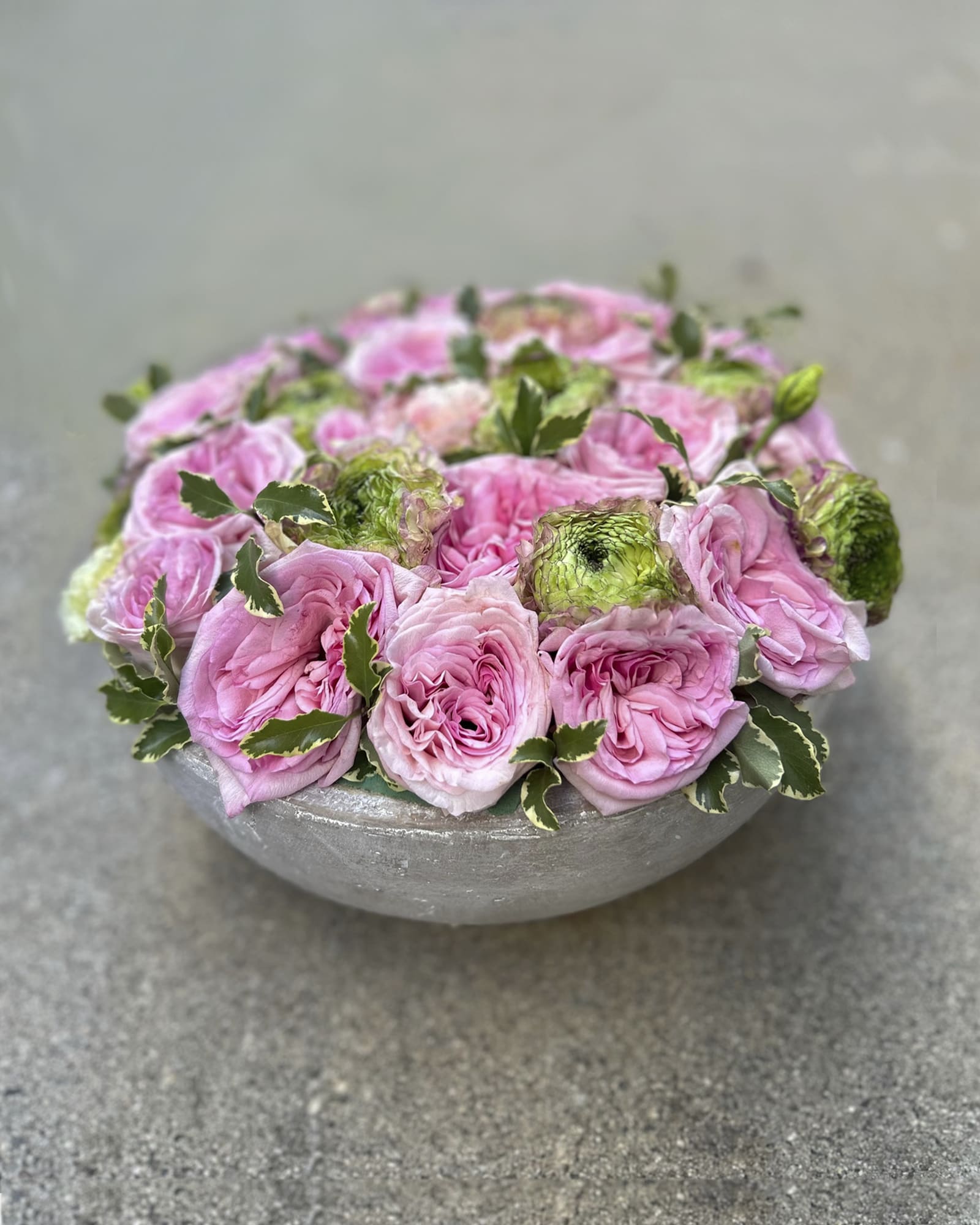 Pink roses arranged in a low gray bowl with variegated foliage