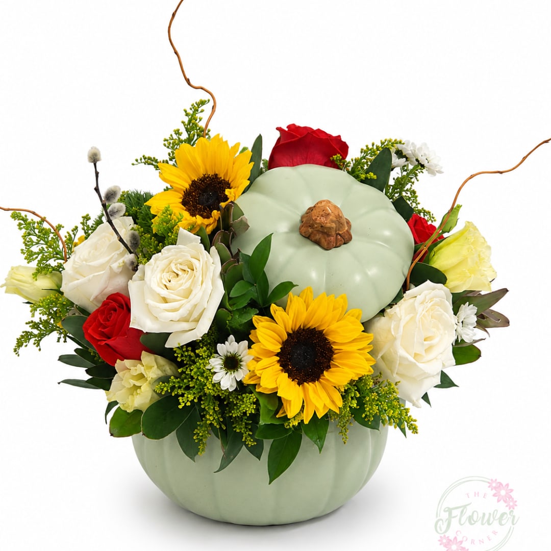 Pumpkin-shaped vase with roses and sunflowers