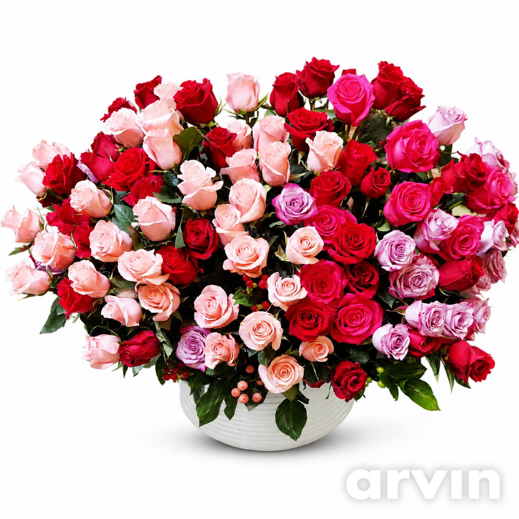 Large arrangement of red, pink, and lavender roses in a white bowl vase