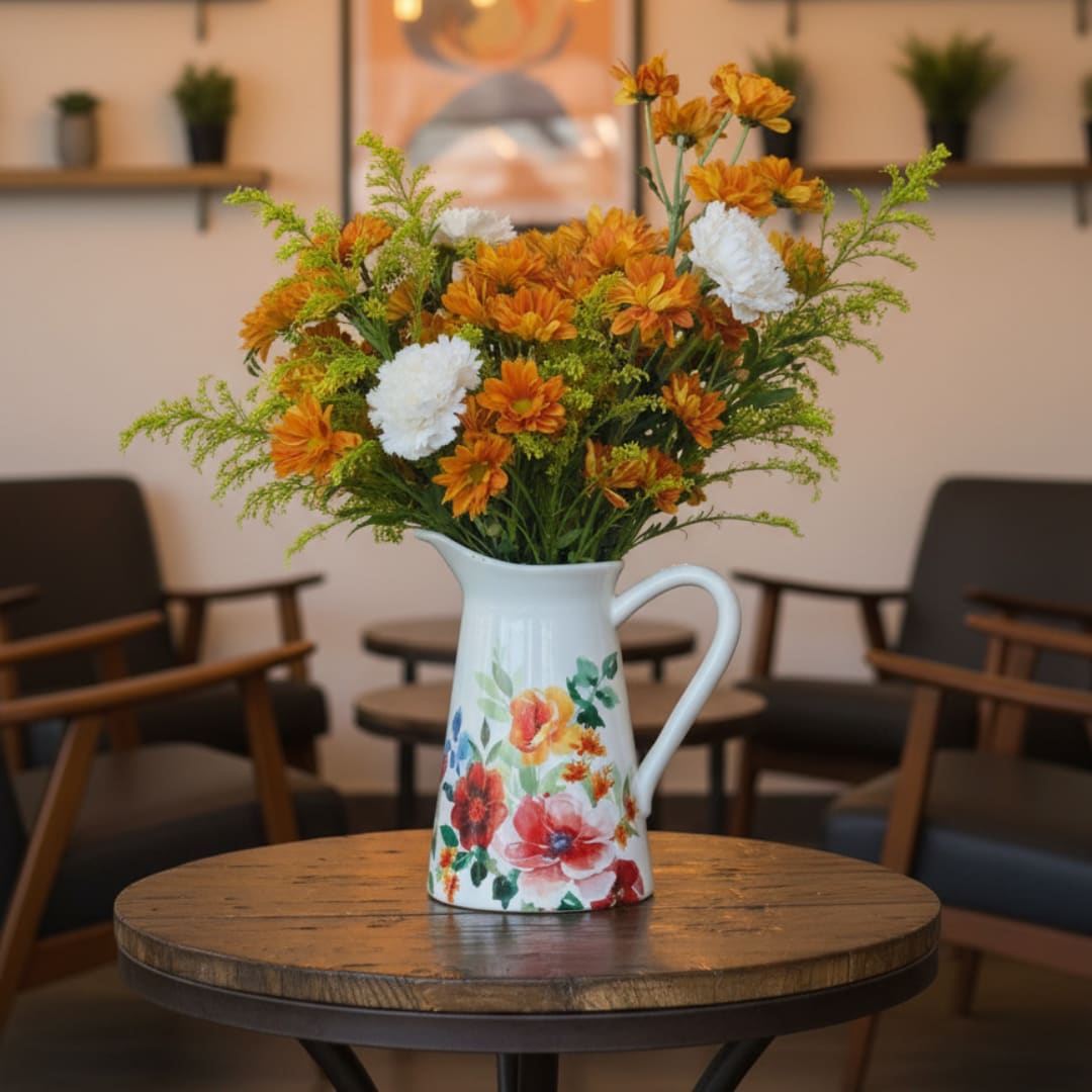 Orange and white flowers in a painted ceramic pitcher