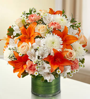 Cherished Memories - Peach, Orange and White - Product ID: 95427   Send a touching remembrance during times of loss with an elegant arrangement in serene shades of peach, orange and white. The freshest roses, lilies, cremones, alstroemeria, carnations and more are hand-designed in a sleek cylinder vase for this comforting sympathy gift. Graceful peach, orange and white arrangement of roses, lilies, cremones, alstroemeria, carnations and monte casino, gathered with variegated pittosporum, Italian ruscus and myrtle Hand-designed by our expert florists in a stylish clear glass cylinder vase wrapped with a Ti leaf ribbon; vase measures 6"H Appropriate for the service or the home of friends and family members Large arrangement measures approximately 16"H x 17"L Medium arrangement measures approximately 15"H x 16"L Small arrangement measures approximately 14"H X 15"L Our florists hand-design each arrangement, so colors, varieties, and vase may vary due to local availability Lilies may arrive in bud form and will open to full beauty over the next 2-3 days