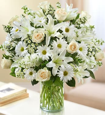 Sincerest Sorrow - All White - Product ID: 95380   Express your sincere condolences with our elegant all-white arrangement of roses, lilies, stock, daisy poms and monte casino. A peaceful tribute that offers treasured memories of loved ones. Abundant bouquet of the freshest white roses, lilies, stock, daisy poms and monte casino, accented with variegated pittosporum, salal and myrtle Hand-designed by our expert florists in a classic glass cylinder vase; vase measures 8"H Can be sent to the home of friends, family members or business associates, or to the funeral service Large arrangement measures approximately 24"H x 22"L Medium arrangement measures approximately 22"H x 20"L Small arrangement measures approximately 20"H x 18"L Our florists hand-design each arrangement, so colors, varieties, and container may vary due to local availability Lilies may arrive in bud form and will open to full beauty over the next 2-3 days