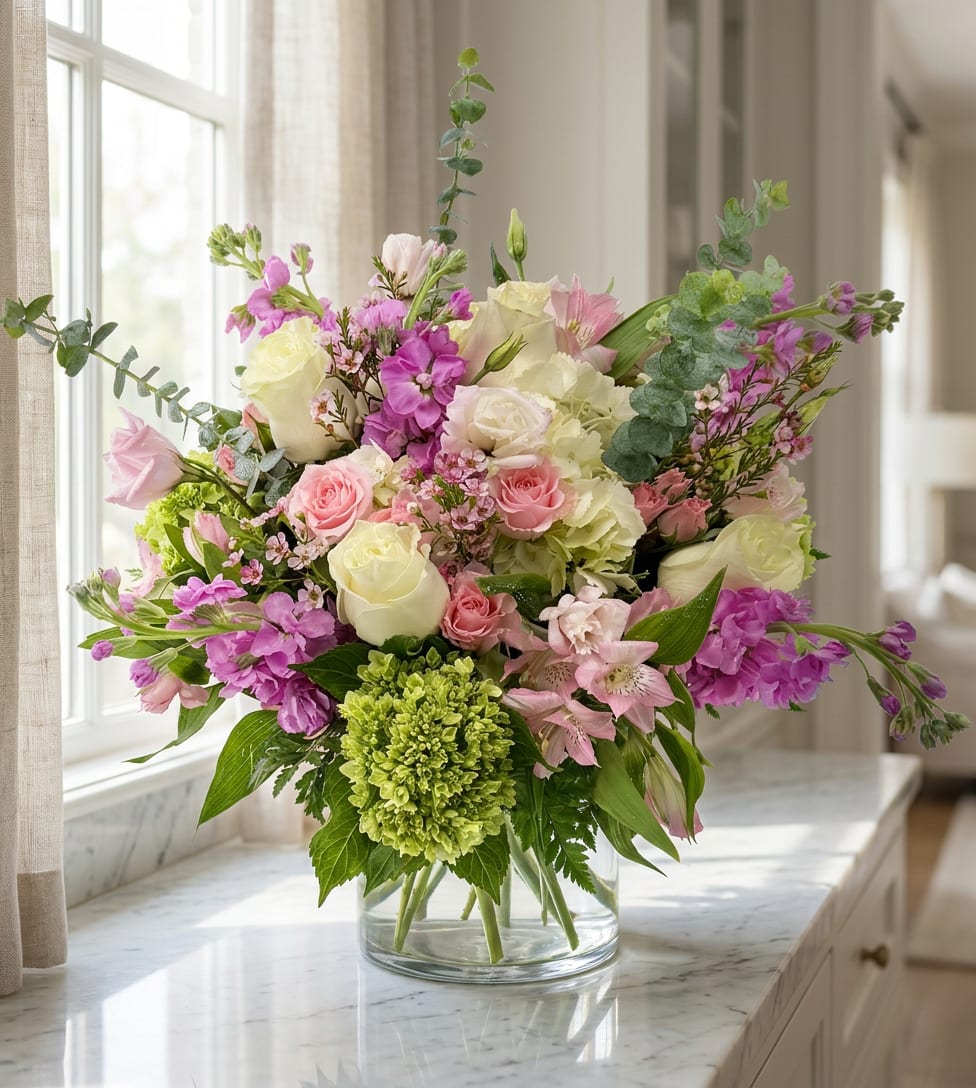 Mixed pink, white, and purple flowers arranged in a clear glass vase