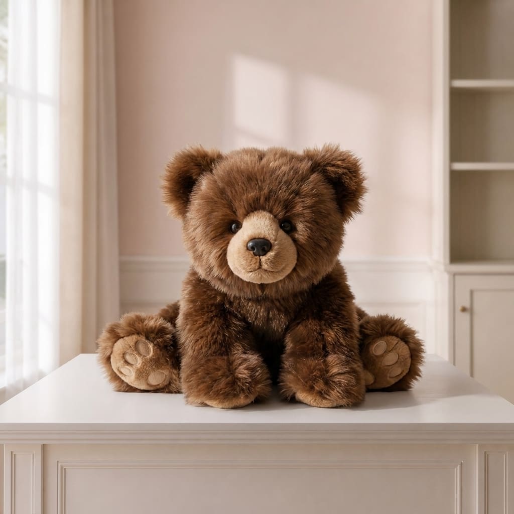 Brown teddy bear plush sitting on a white table