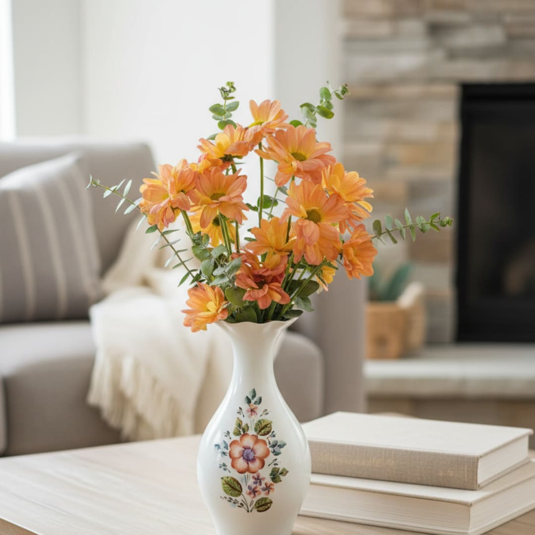 Orange daisy bouquet in a white floral vase on a table