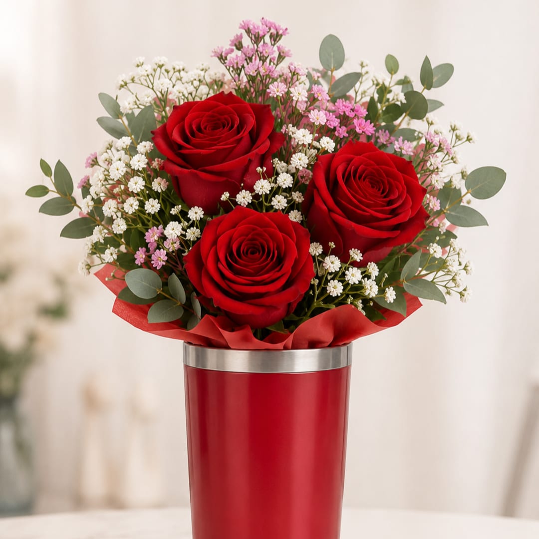 Red roses with pink and white filler flowers in a red vase