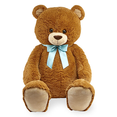 Brown teddy bear with a light blue ribbon bow