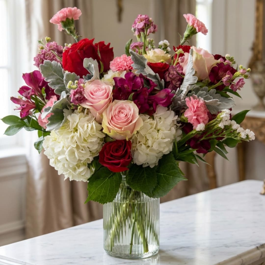 Mixed bouquet of pink, red, and white flowers in a clear glass vase