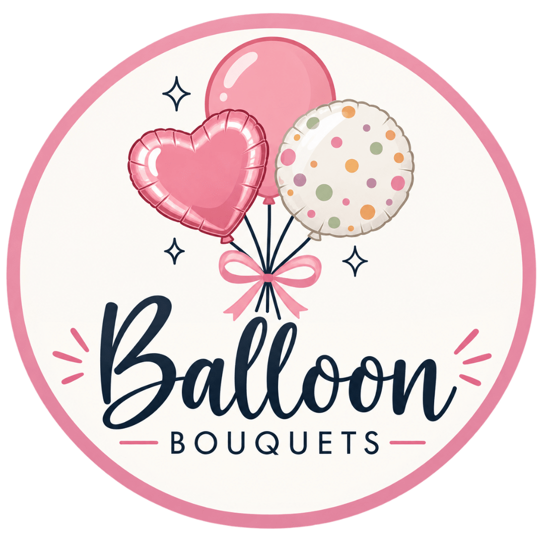 Balloon Bouquets logo with pink heart and polka-dot balloons