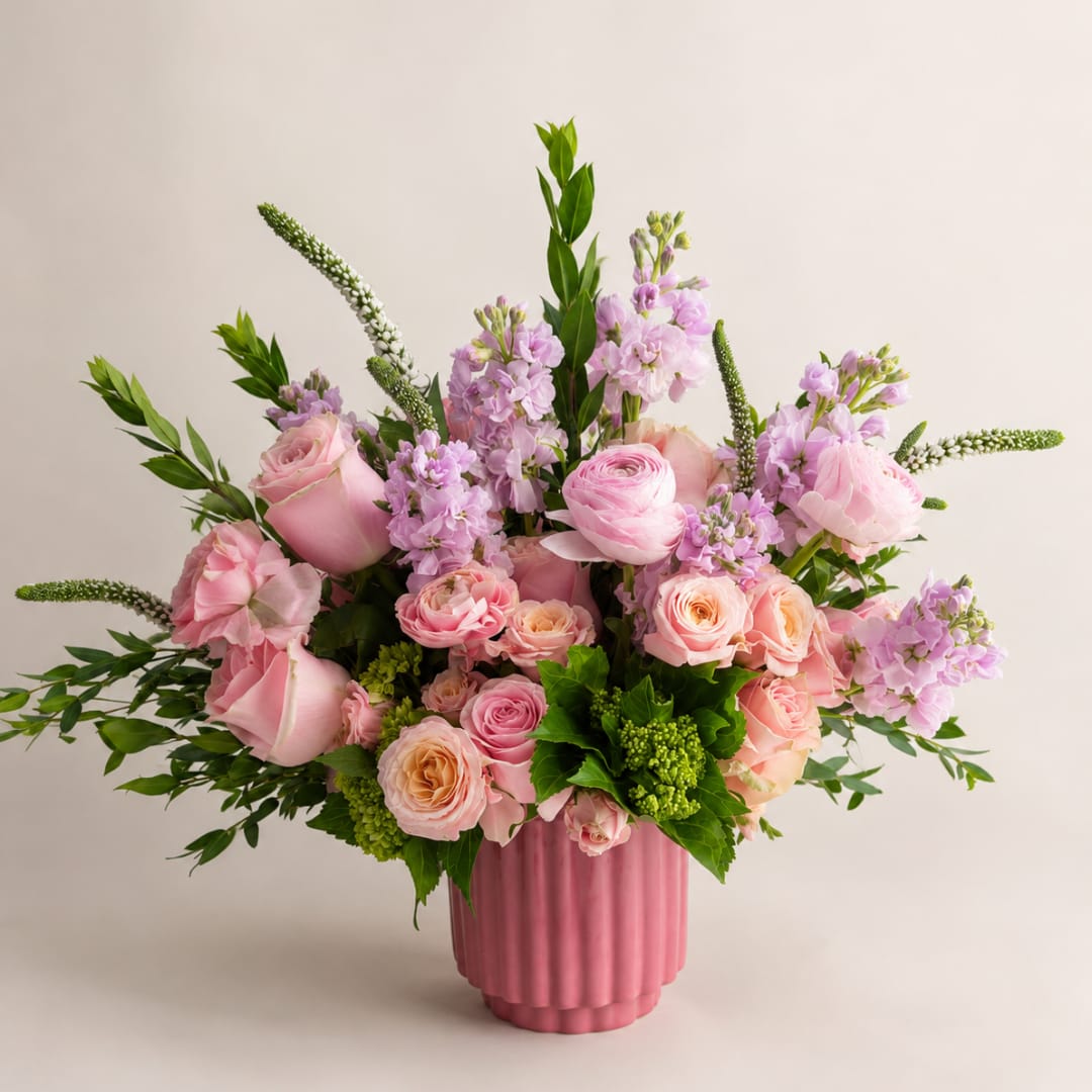 Pink roses and lavender flowers arranged in a pink vase