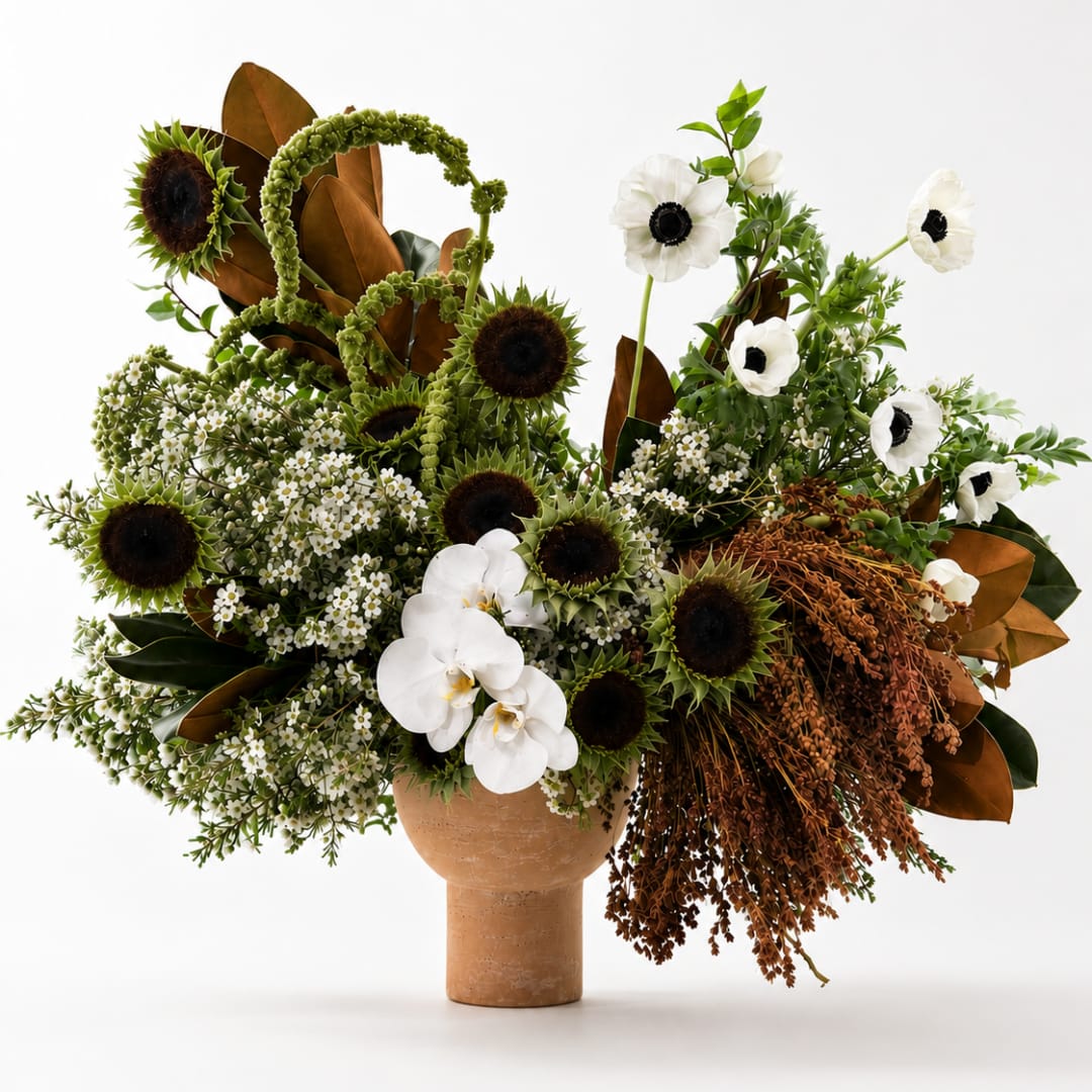 Arrangement of white flowers and sunflowers in a terracotta vase