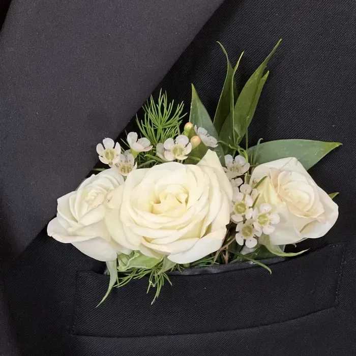 Boutonniere (pocket) choice of color roses - No more fussing with pin ons!  This pocket-style boutonniere of roses &amp; greenery  is perfect for weddings, proms, or any event where understated elegance matters.  PUT COLOR CHOICE IN NOTES - RED, WHITE, PINK, CALL FOR ANY OTHER COLORS