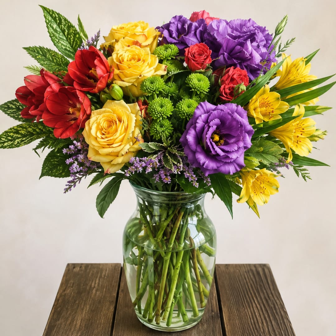 Mixed bouquet of roses, lilies, and purple blooms in a glass vase