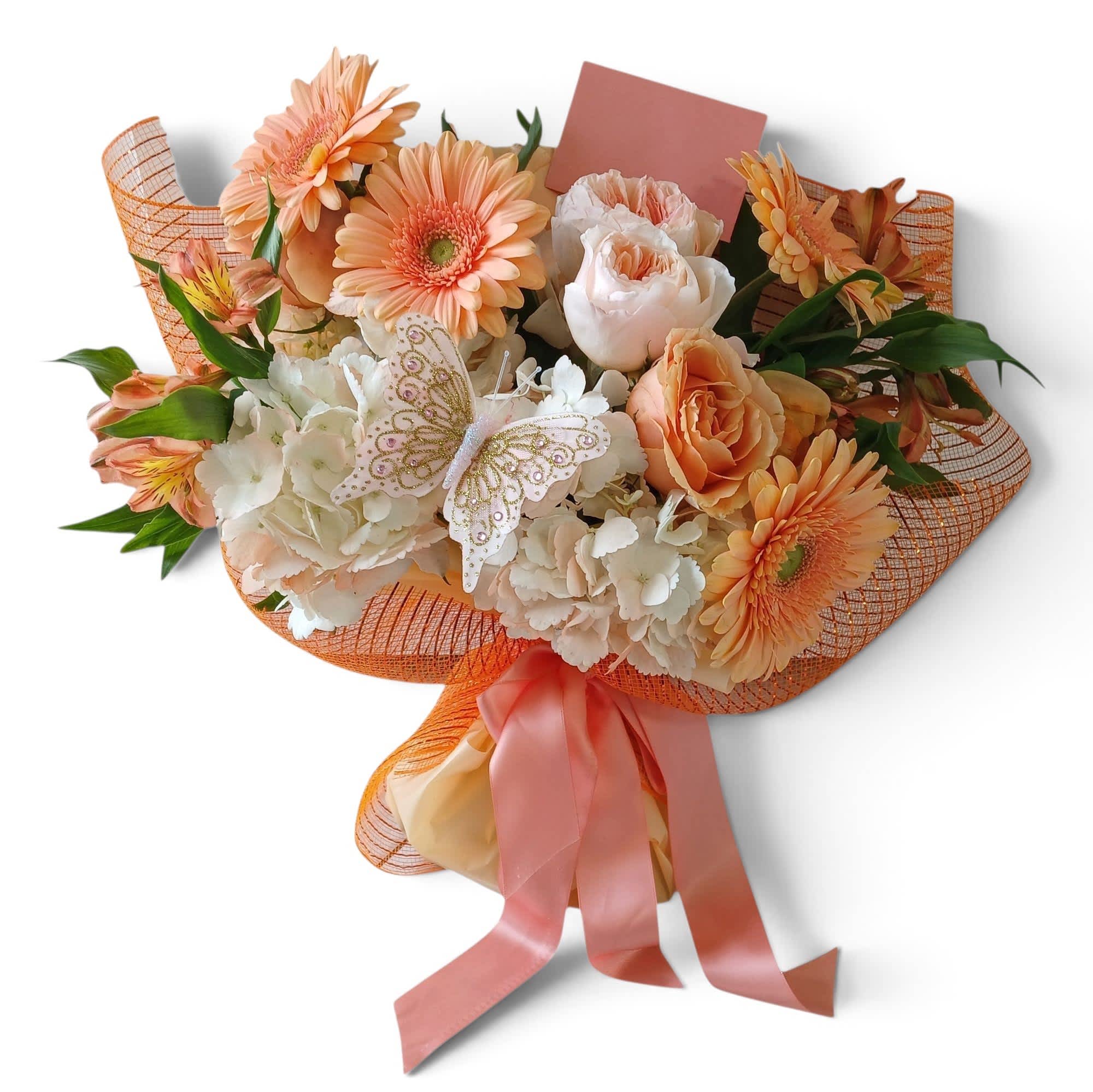 Peach and white bouquet with gerbera daisies, roses, and hydrangeas