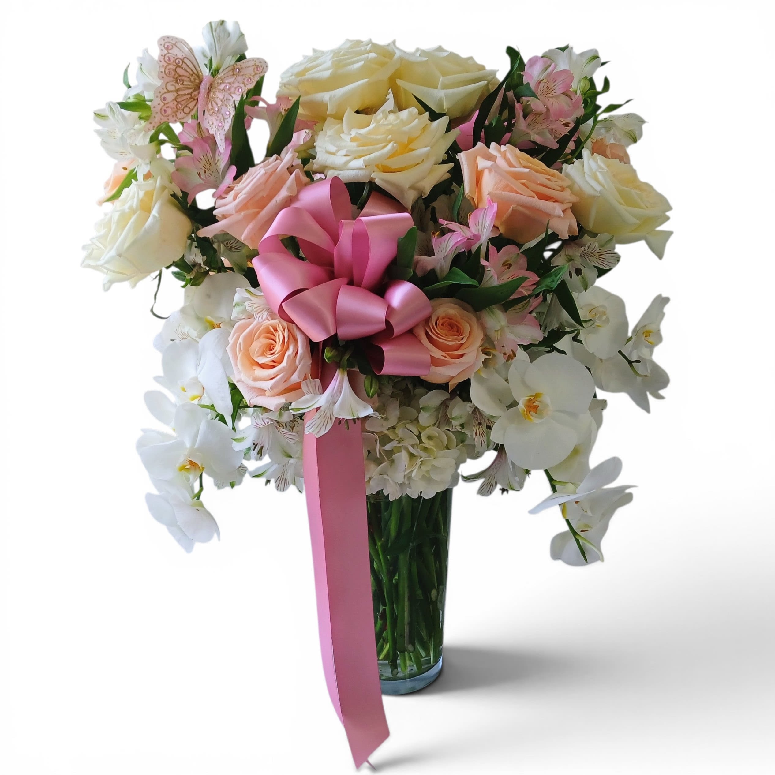 Happy Anniversary Blossoms Designer's Choice - Lovely roses orchids hydrangeas, and more arranged tall in a modern glass cylinder vase. Perfect to send today for every reason as well.  All fresh flower beautiful bouquets that leave my flower shop studio are beautiful one of a kind works of art. Always made extra special and unique each and every time. Please visit my beautiful gallery to see my latest designs that I have created for my online customers. Send them happiness today.