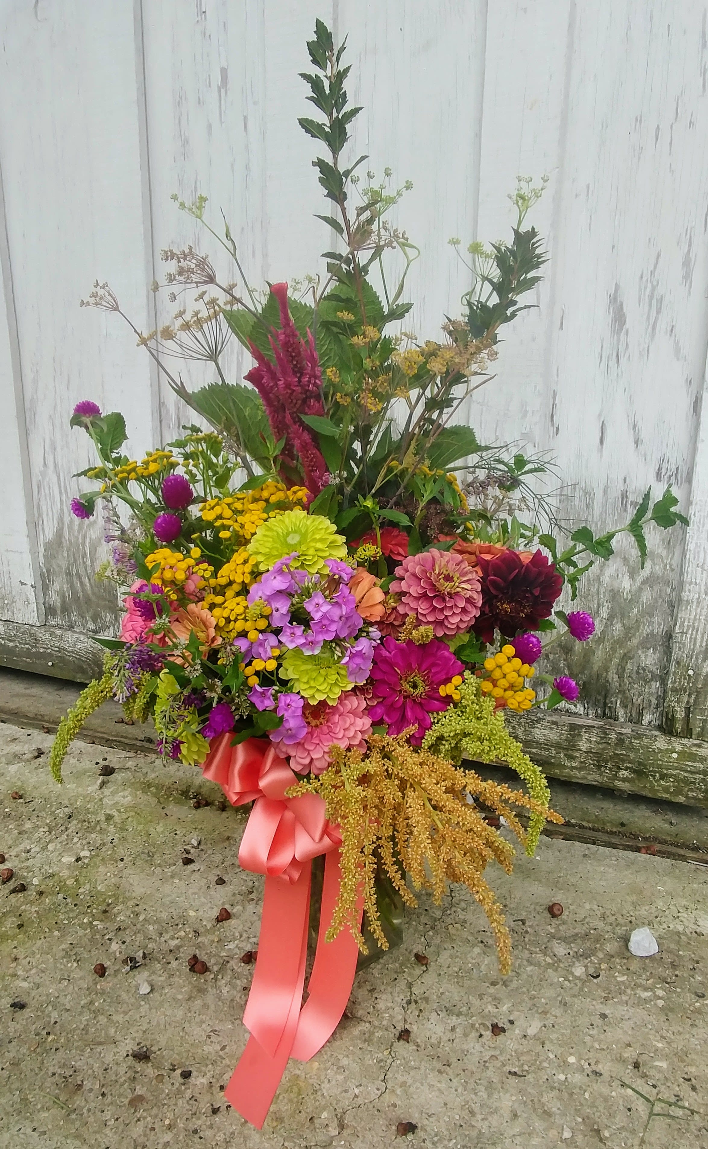 Summer Sunshine Vase - Bright and cheery and all freshly cut from the fields! Zinnias, globe amaranth, dahlias and more. 