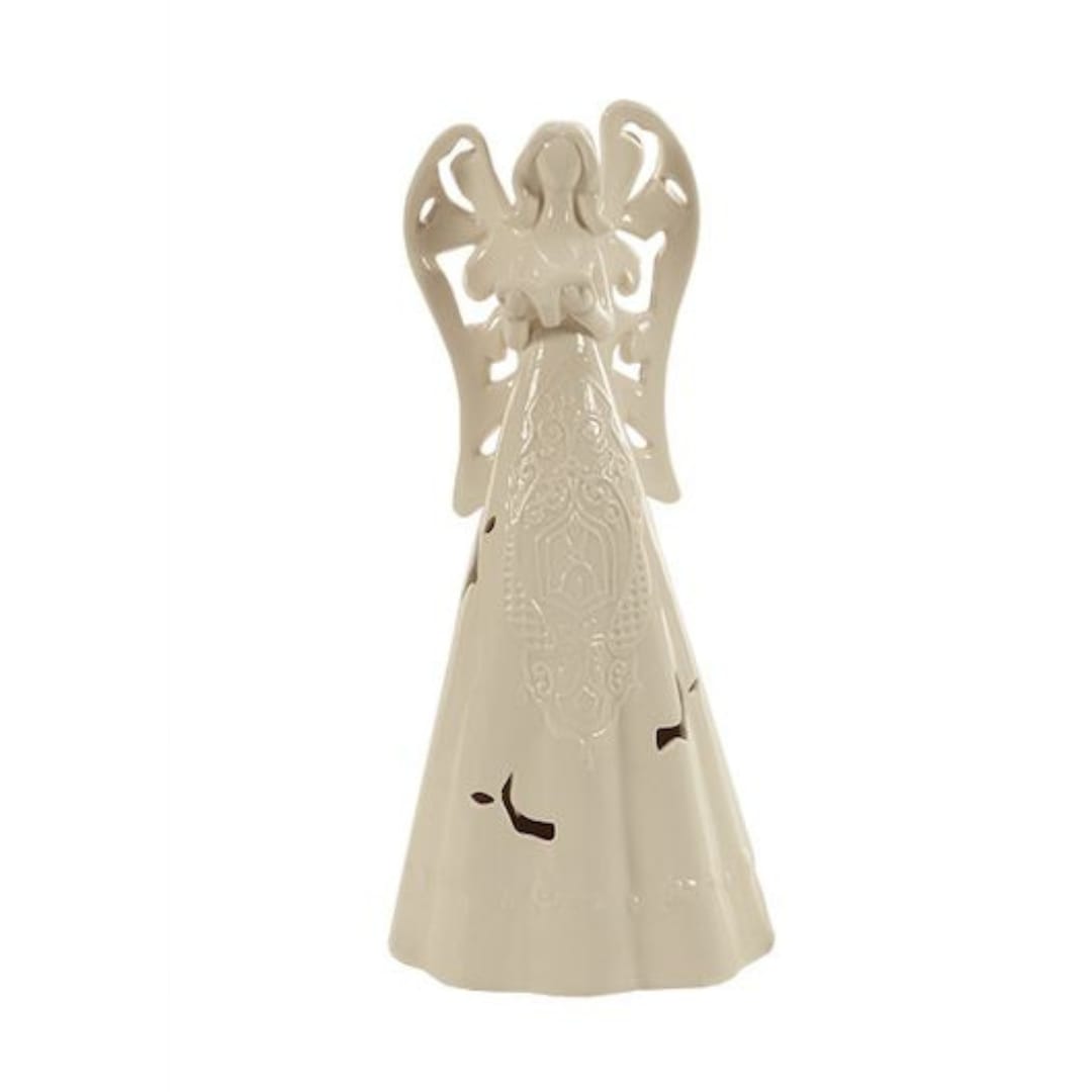 Cream ceramic angel figurine with cutout wings and a long dress