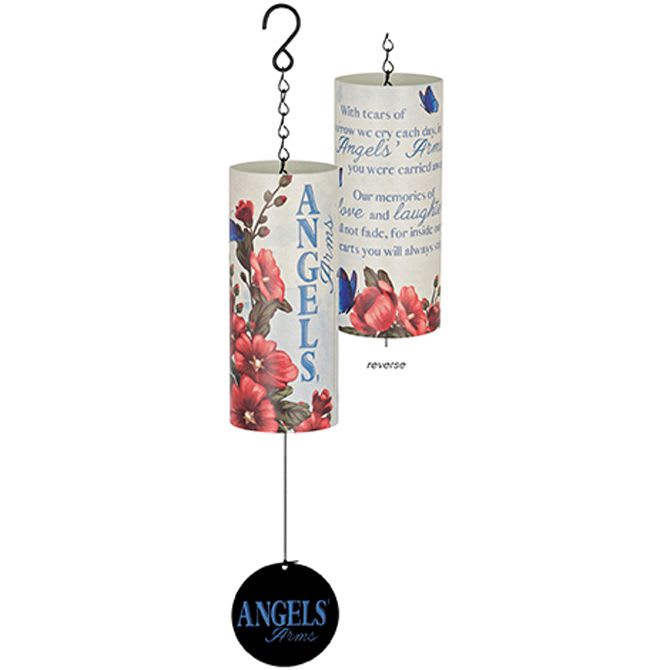 Two hanging memorial wind chimes with floral and angel designs