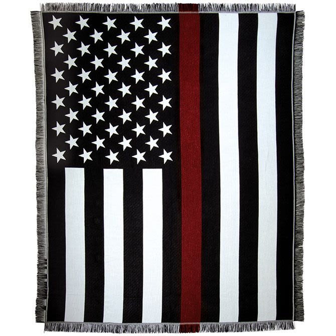 Black-and-white American flag blanket with a red stripe and fringe