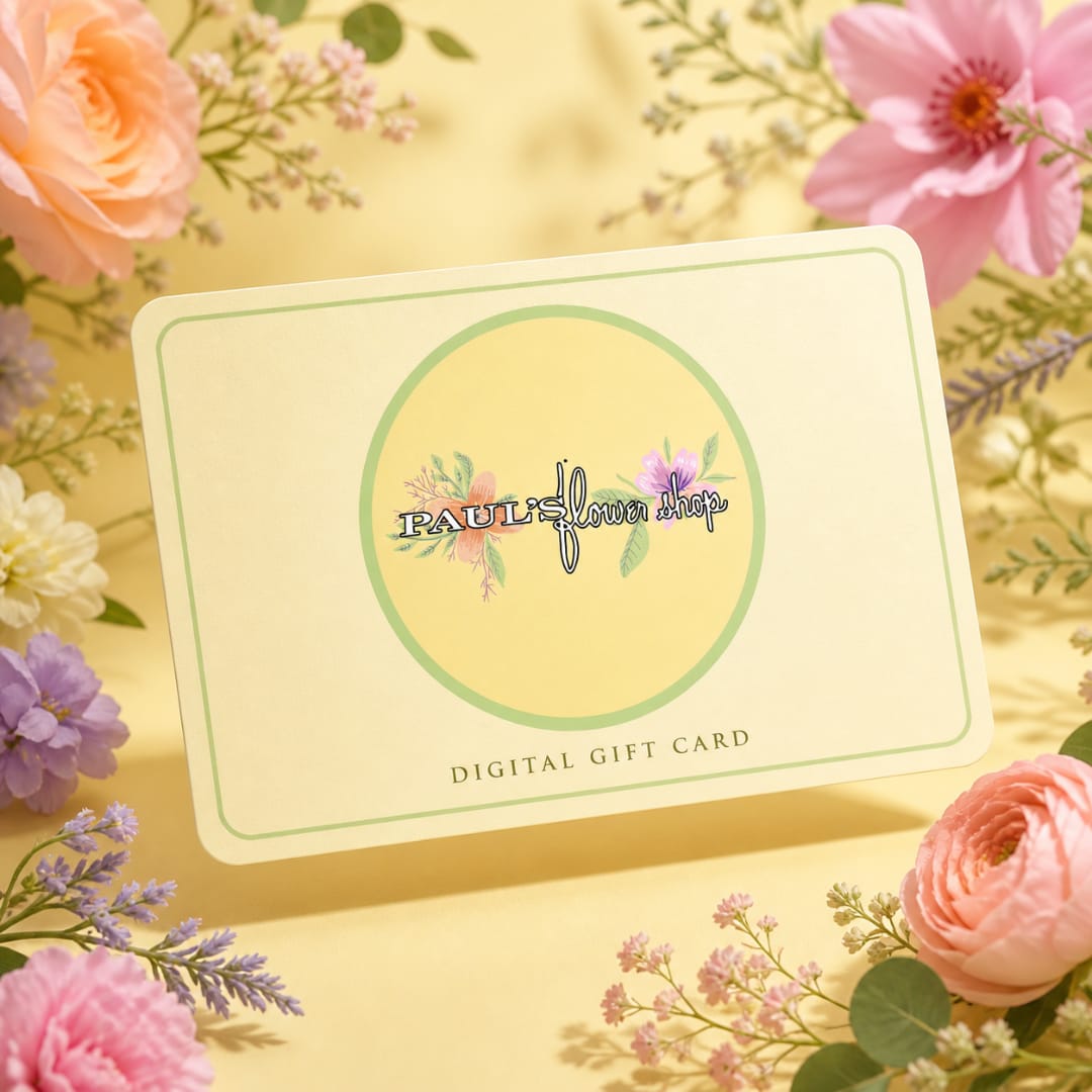 Digital gift card with floral border and Paul’s Flower Shop logo