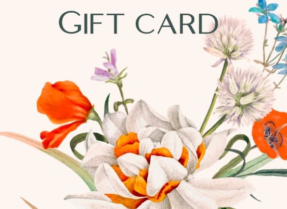 Floral gift card design with illustrated orange, white, and pastel flowers.