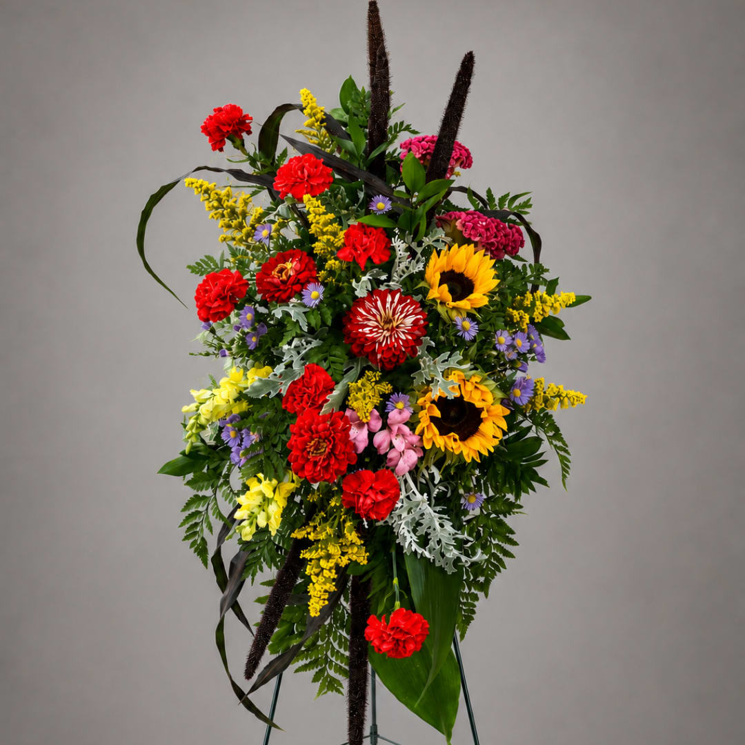 Tall standing floral spray with sunflowers, red carnations, and yellow accents