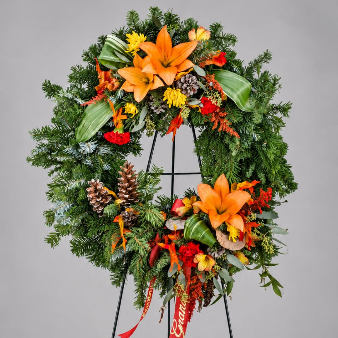 Large floral wreath with orange lilies and mixed flowers on a stand