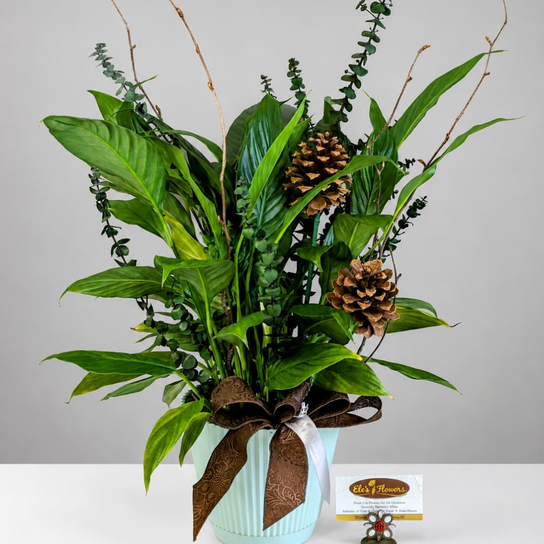 Tall green arrangement in a light blue vase with pinecones and ribbon