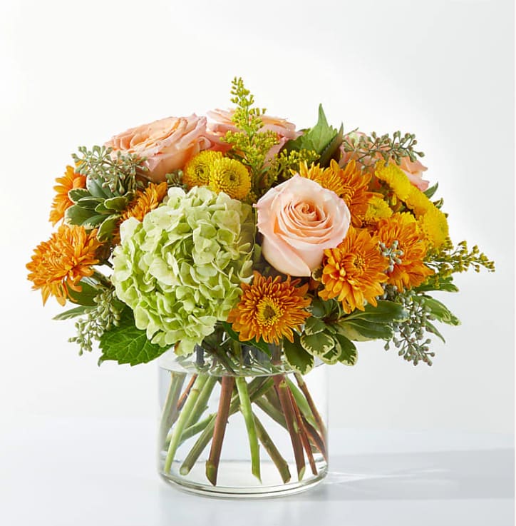 Fall Foliage Bouquet - Soft and light, the Fall Foliage Bouquet is a gorgeous gesture of love, appreciation, or celebration each and every day.  Bloom Details: Rose, Hydrangea, Solidago. FTD Design