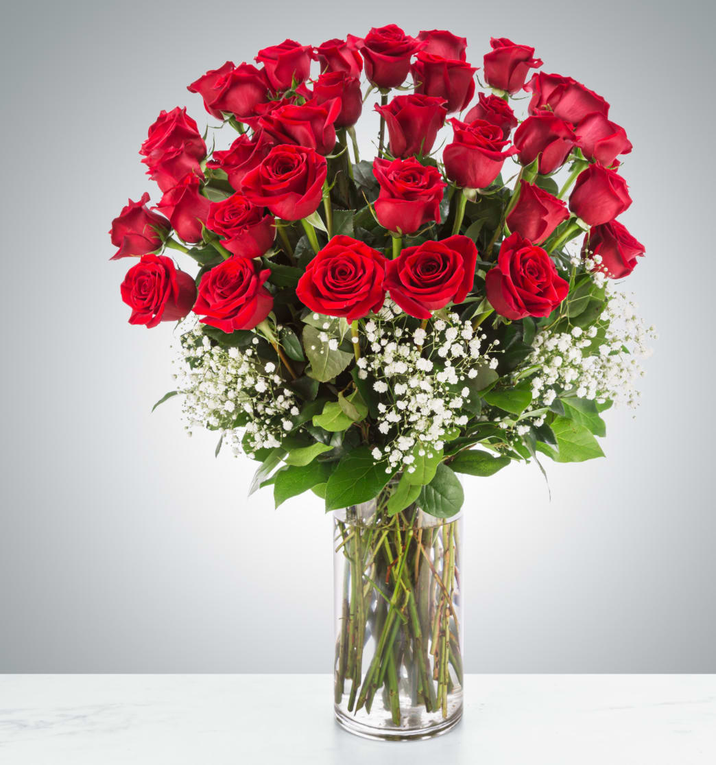 Grandeur Long Stem Rose Arrangement  - Go big with your love. Send the most extravagant 3 dozen red rose arrangement for Valentine's day, anniversary celebrations, or declarations of love. This luxury arrangement makes a big statement of "I love you" in 36 roses.  Approximate Dimensions: 20"D x 32"H