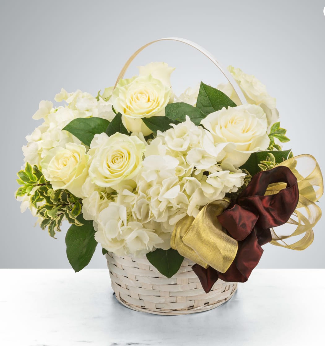 Snowglobe  - White fluffy roses and hydrangeas sit in an all-white basket with a gold and maroon ribbon. Send this to celebrate the winter season! Perfect for all the winter holidays like New Year, Hanukkah, Kwanzaa, and Christmas.  Approximate Dimensions: 14"D x 14"H