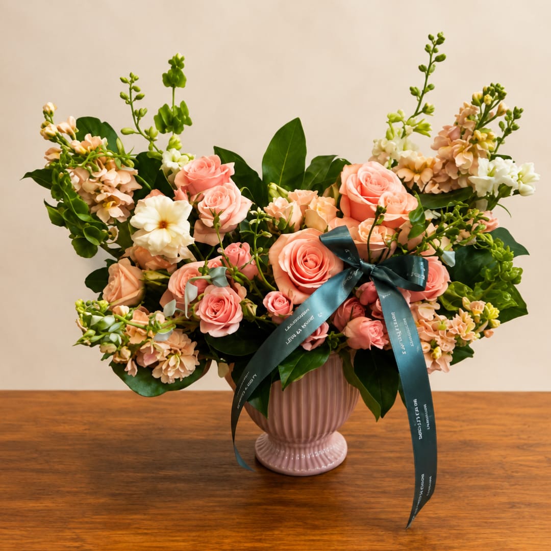 Pink roses and peach flowers arranged in a ribbed vase with a teal ribbon