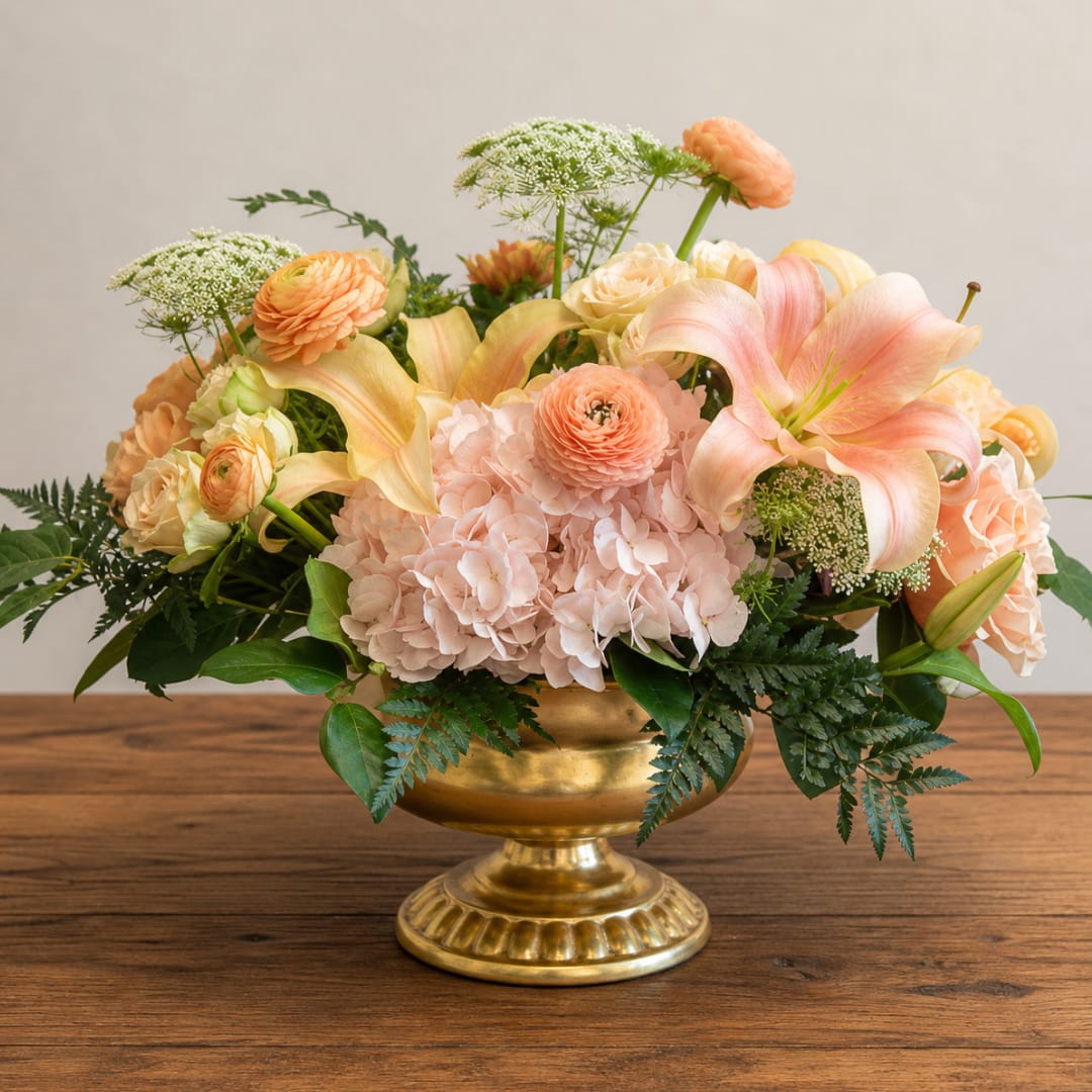 Peach and blush floral arrangement in a gold pedestal vase