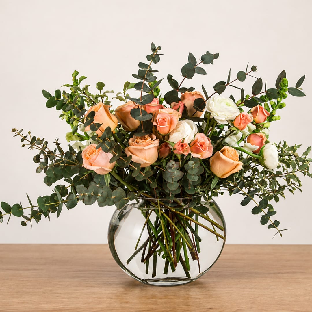 Peach and white roses in a round glass vase with eucalyptus