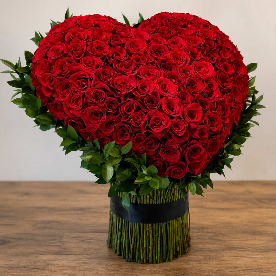 Heart-shaped bouquet of red roses with green foliage