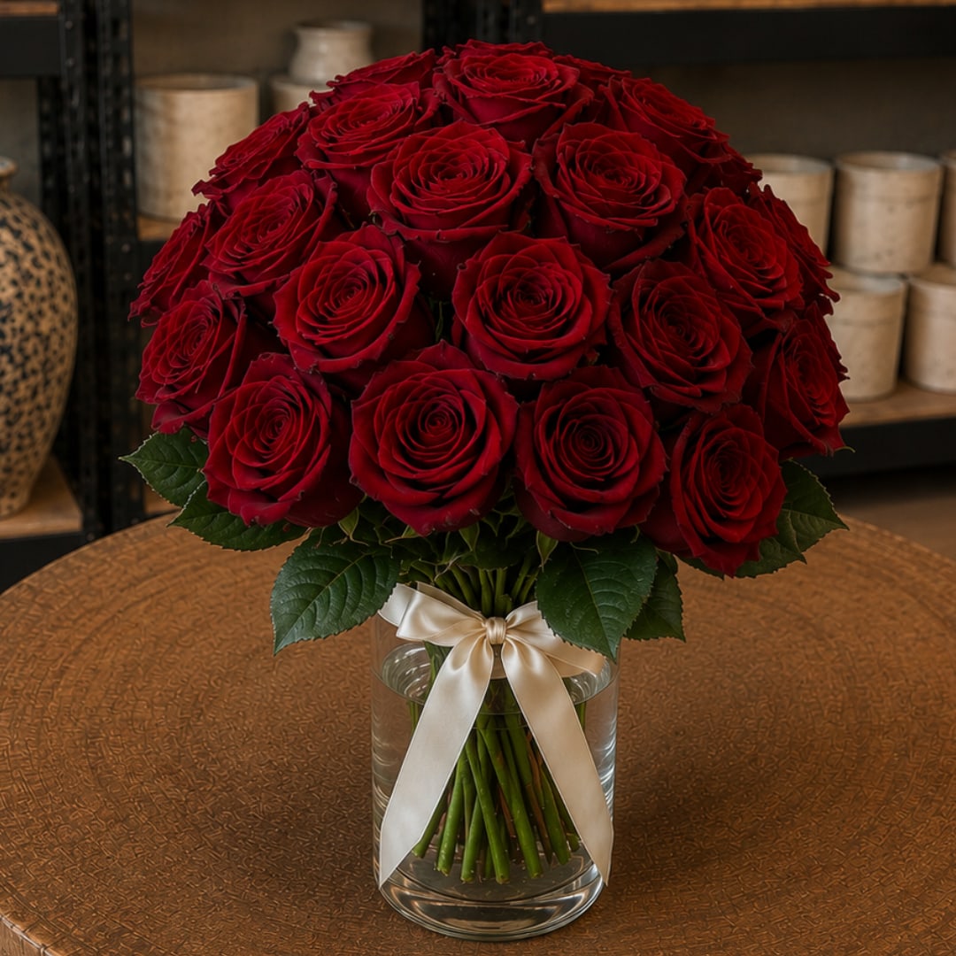 Bouquet of red roses in a clear glass vase with a cream ribbon