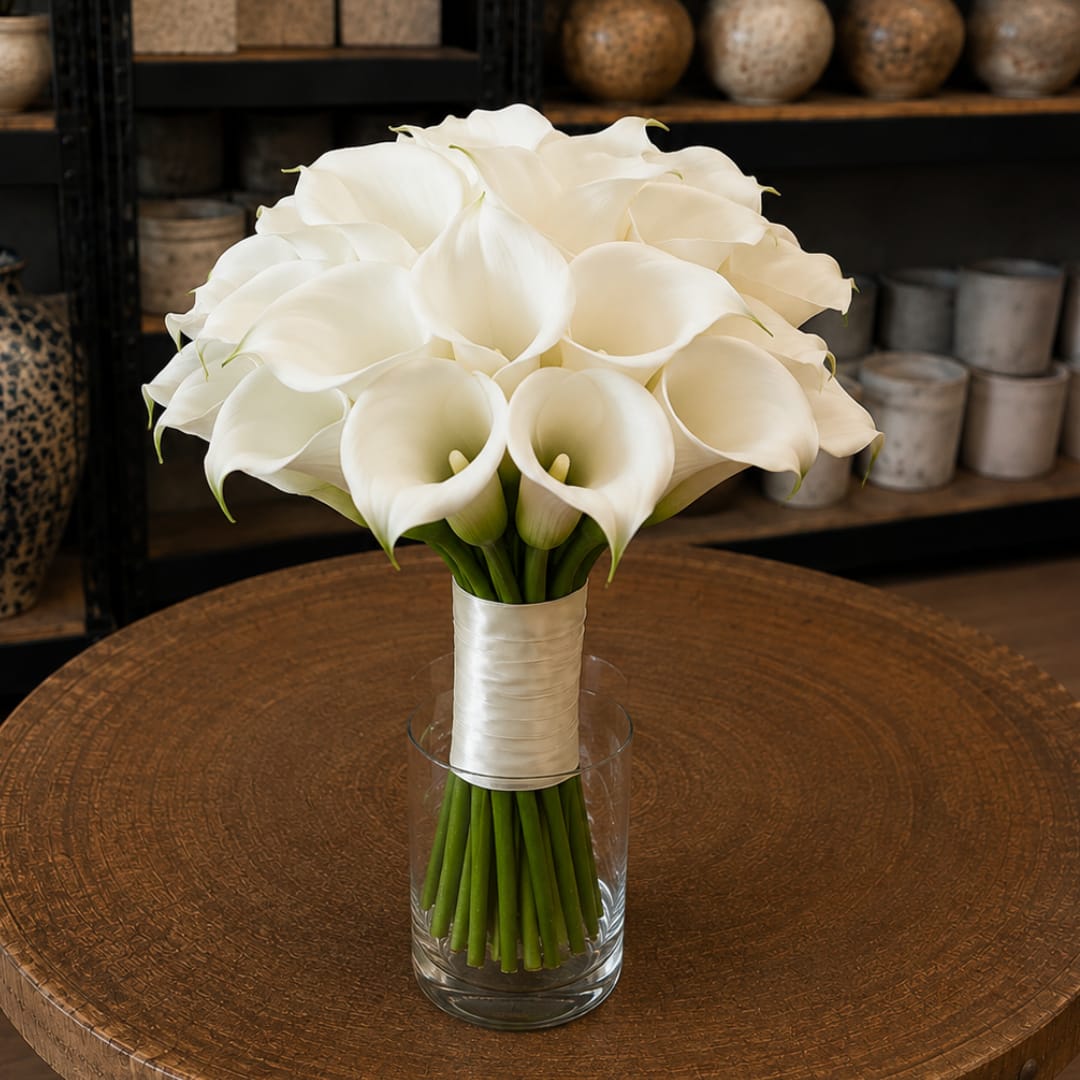 White calla lily bouquet in a clear glass vase