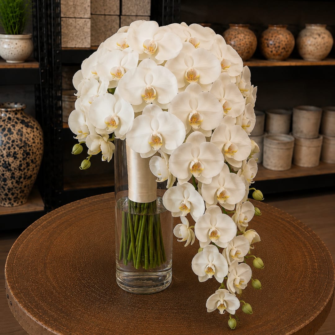 Cascade of white orchids in a clear glass vase on a round table