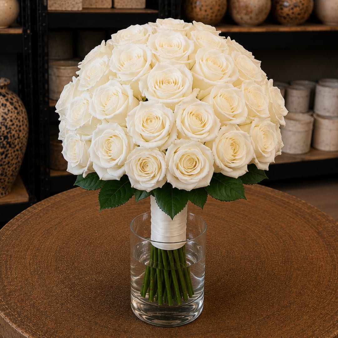 White rose bouquet in a clear glass vase