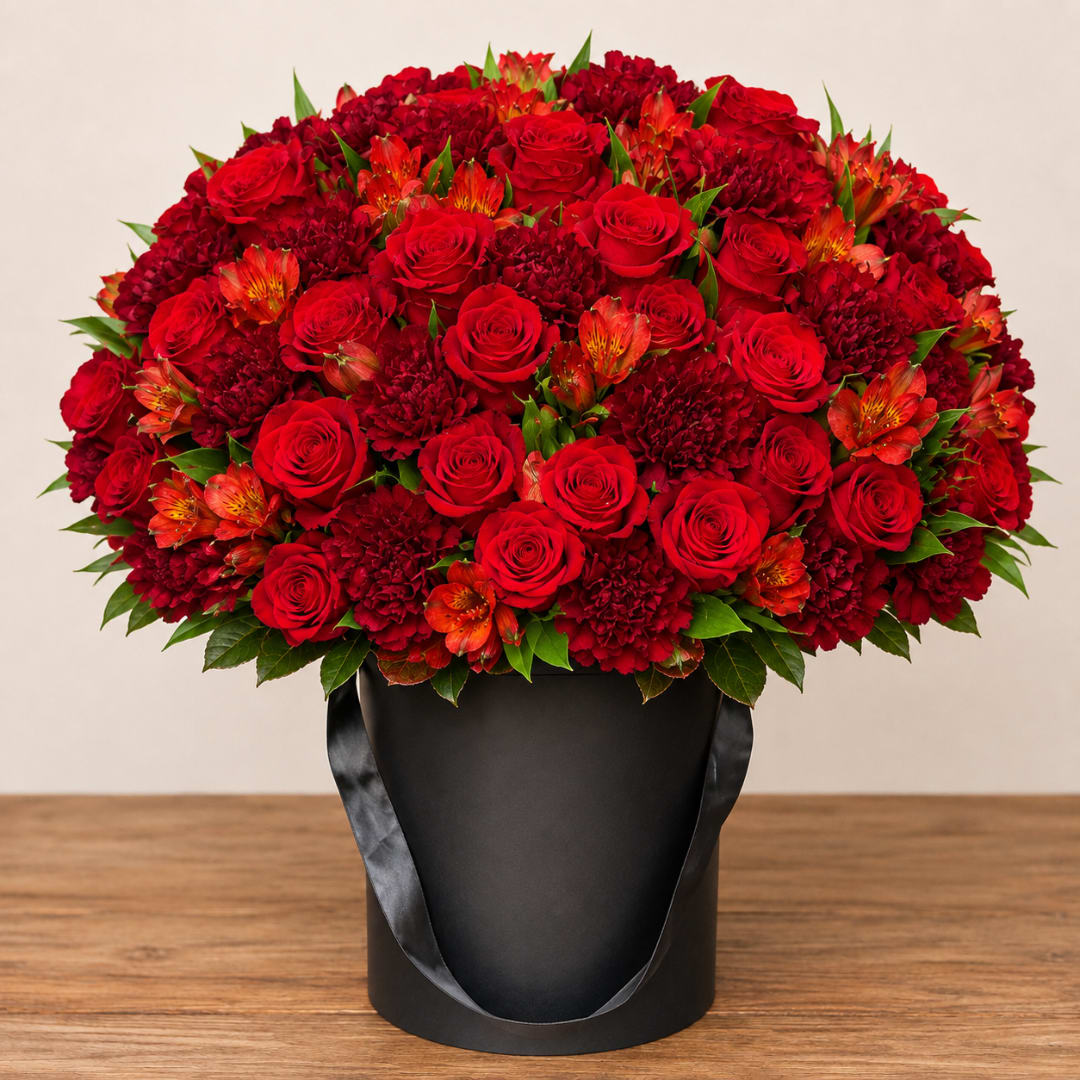 Red roses and orange flowers in a black hatbox