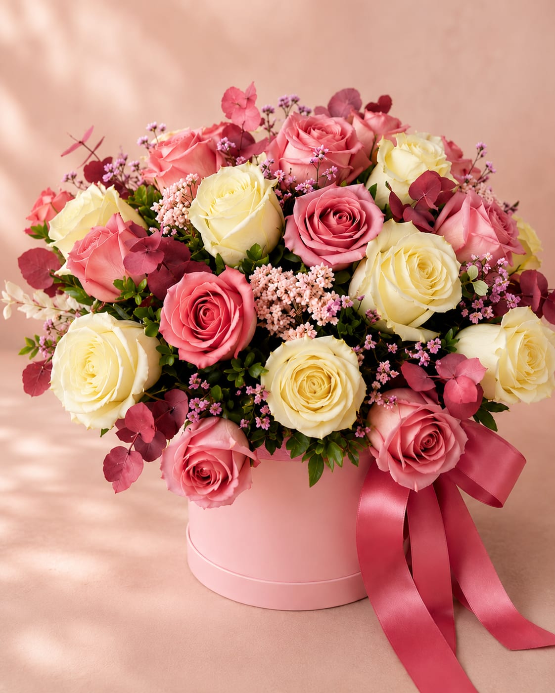 Milda's Flight of Flowers – Luxury Hat Box - Inspired by Milda, the Lithuanian goddess of love and spring, who was said to travel across the sky in a chariot drawn by graceful white birds, Milda's Flight of Flowers celebrates romance, renewal, and the beauty of nature in bloom.  Premium pink and ivory roses are thoughtfully arranged with delicate waxflower and fresh seasonal greenery in Flower Fairy's signature luxury keepsake hat box. Soft pastel tones and flowing textures create an elegant composition that feels light, graceful, and effortlessly romantic—like a spring garden carried on gentle wings.  Each arrangement is handcrafted by Flower Fairy using the freshest premium flowers available. While every design is naturally unique, we always preserve its luxurious style, harmonious color palette, and abundant presentation.  Perfect for birthdays, anniversaries, Mother's Day, congratulations, baby showers, thank-you gifts, or simply bringing joy to someone special.  Features: Premium pink or light pink roses Premium ivory roses Delicate waxflower Fresh seasonal greenery Luxury keepsake hat box Handcrafted by Flower Fairy Same-day flower delivery throughout the Phoenix Metro Area Designed by your local Phoenix florist