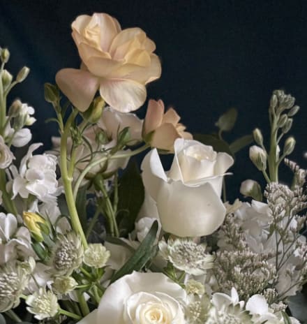 White and cream roses with soft peach blooms arranged against a dark background