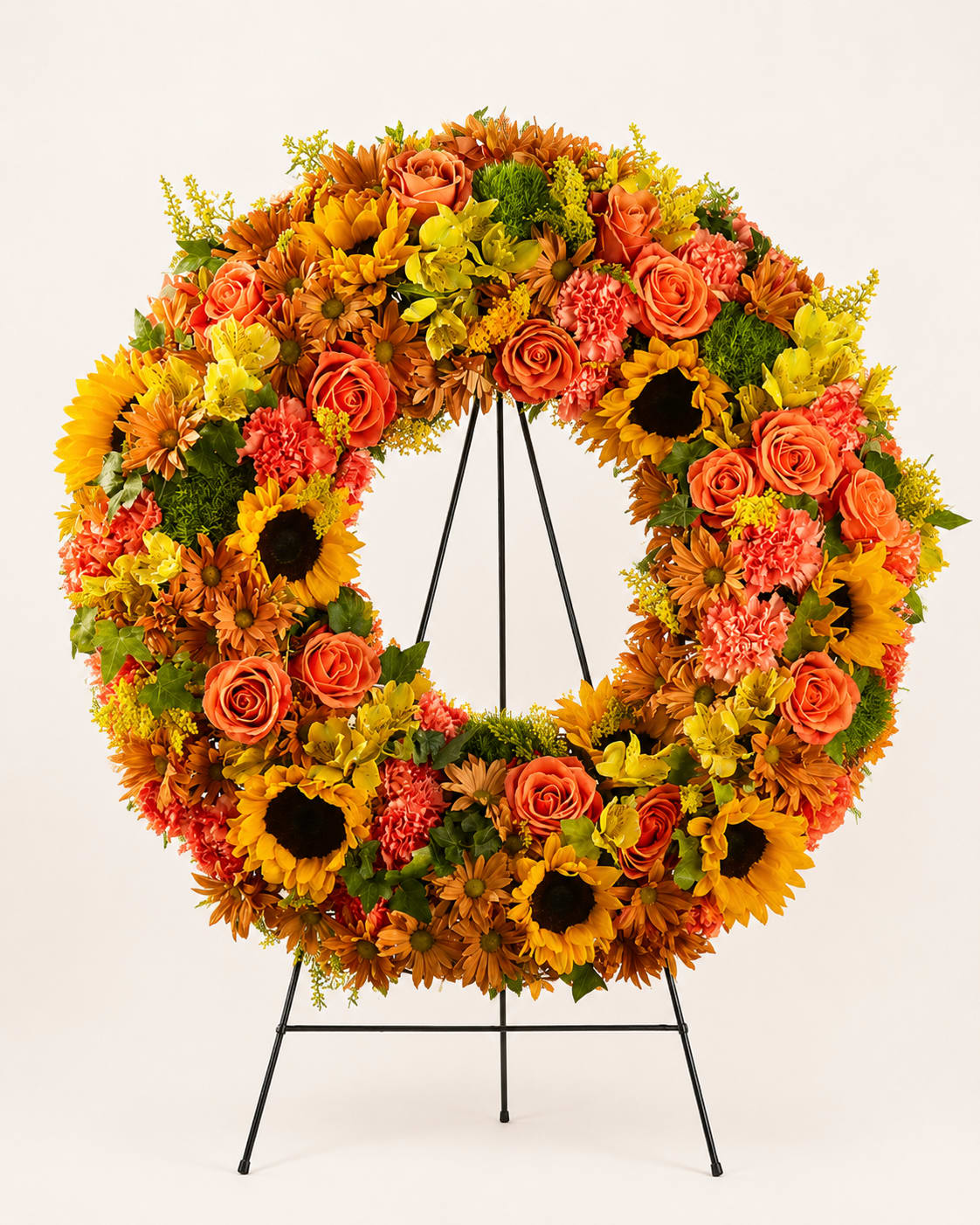 Golden yellow Wreath - This elegant sympathy wreath is designed to offer warmth, comfort, and remembrance. A rich circle of autumn blooms- sunflowers, roses, chrysanthemums, alstroemeria, and seasonal greenery- creates a heartfelt expression of love  and honor.  