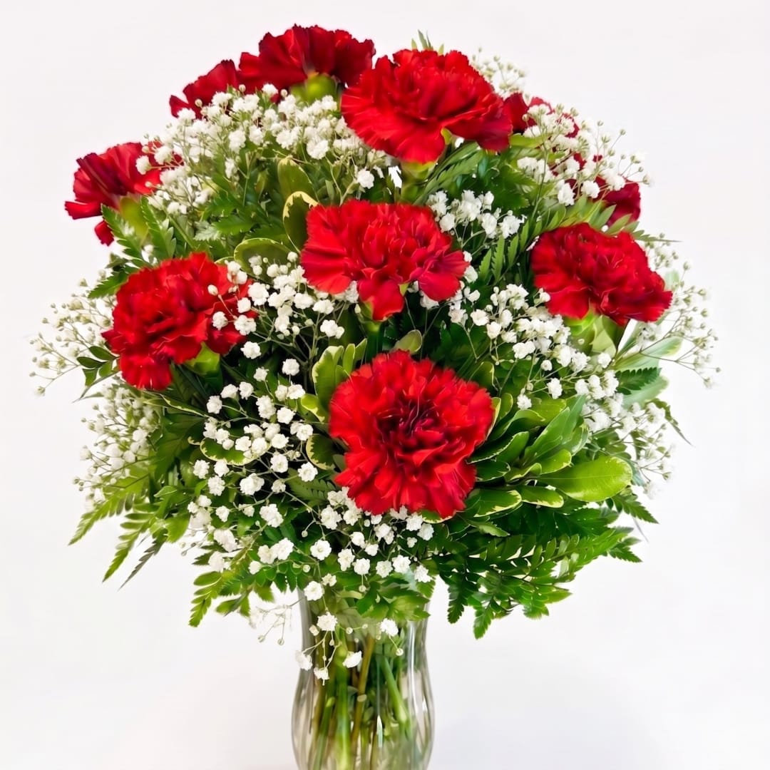 Red carnations with white baby's breath in a clear glass vase